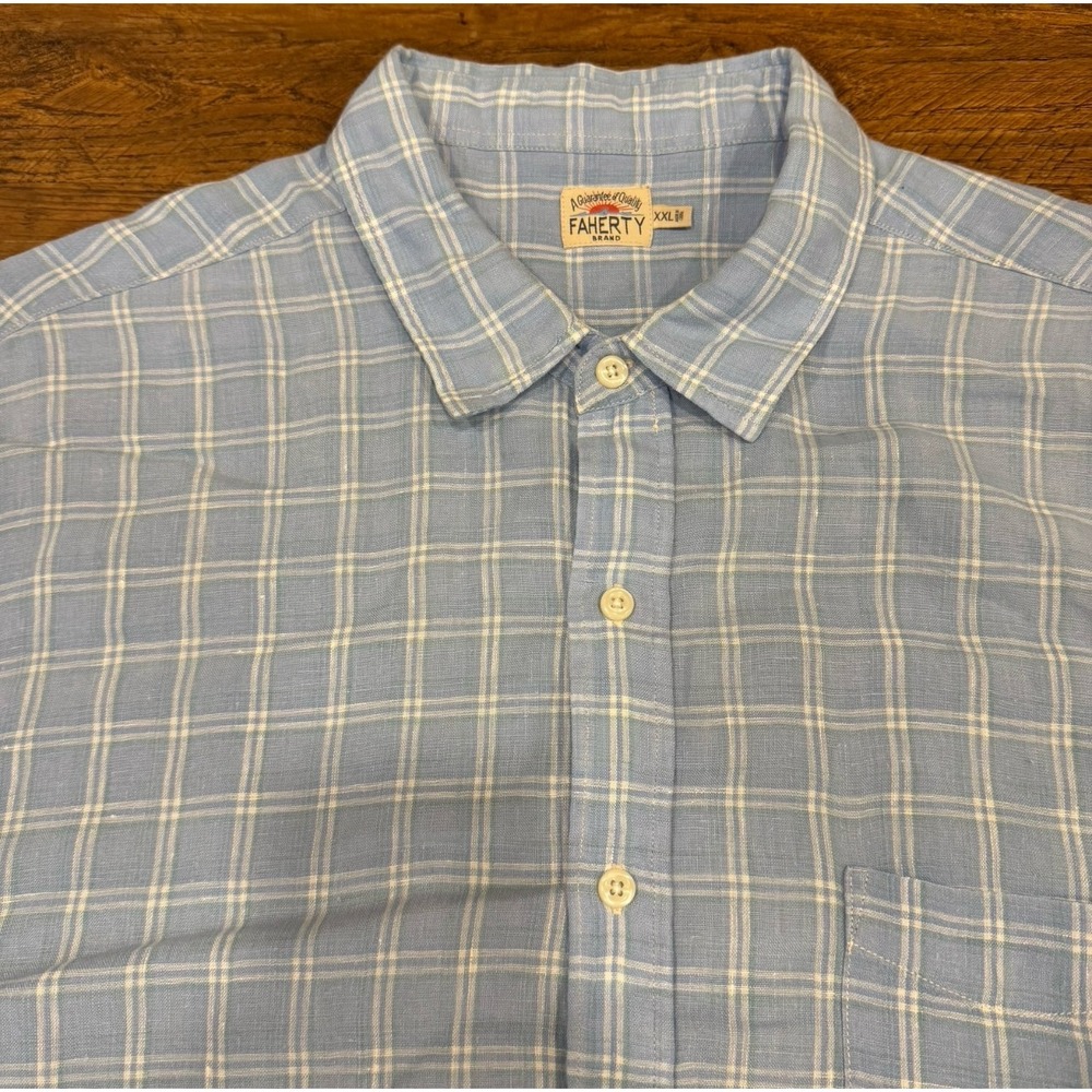Faherty Blue Plaid Check 100% Linen Outdoor Lightweight Button up Shirt Men 2XL